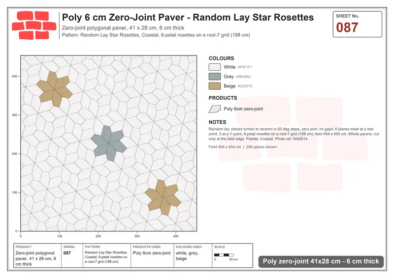 Interlock (Pasco) 41x28 cm · POL-087 · Random Lay Star Rosettes, Coastal, 6-petal rosettes on root-7 grid (198 cm) · Laying plan Interlock (Pasco) 41x28 cm · POL-087 · Random Lay Star Rosettes, Coastal, 6-petal rosettes on root-7 grid (198 cm) · Laying plan