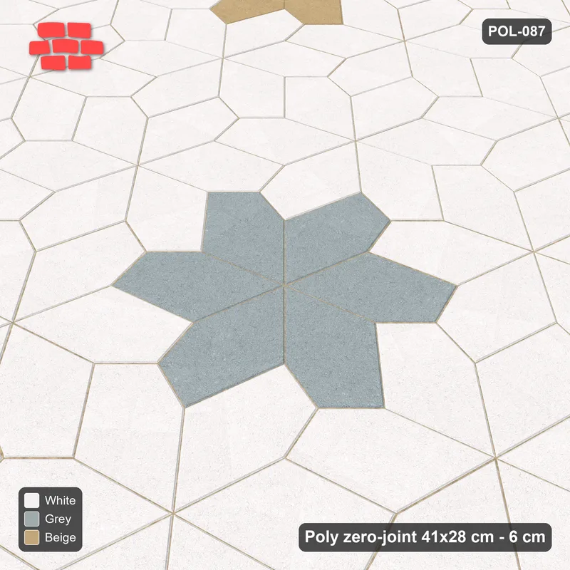 Interlock (Pasco) 41x28 cm · POL-087 · Random Lay Star Rosettes, Coastal, 6-petal rosettes on root-7 grid (198 cm) · Side view Interlock (Pasco) 41x28 cm · POL-087 · Random Lay Star Rosettes, Coastal, 6-petal rosettes on root-7 grid (198 cm) · Side view