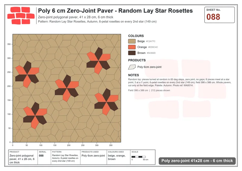 Interlock (Pasco) 41x28 cm · POL-088 · Random Lay Star Rosettes, Autumn, 6-petal rosettes on every 2nd star (149 cm) · Laying plan Interlock (Pasco) 41x28 cm · POL-088 · Random Lay Star Rosettes, Autumn, 6-petal rosettes on every 2nd star (149 cm) · Laying plan