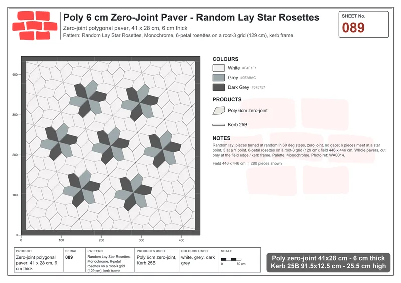 Interlock (Pasco) 41x28 cm · POL-089 · Random Lay Star Rosettes, Monochrome, 6-petal rosettes on root-3 grid (129 cm), kerb frame · Laying plan Interlock (Pasco) 41x28 cm · POL-089 · Random Lay Star Rosettes, Monochrome, 6-petal rosettes on root-3 grid (129 cm), kerb frame · Laying plan