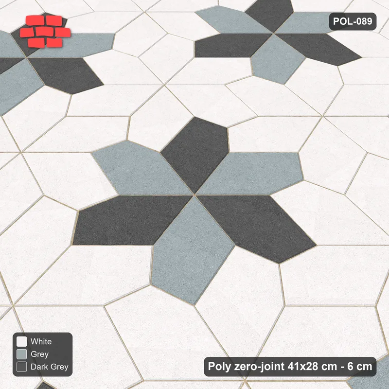 Interlock (Pasco) 41x28 cm · POL-089 · Random Lay Star Rosettes, Monochrome, 6-petal rosettes on root-3 grid (129 cm), kerb frame · Side view Interlock (Pasco) 41x28 cm · POL-089 · Random Lay Star Rosettes, Monochrome, 6-petal rosettes on root-3 grid (129 cm), kerb frame · Side view