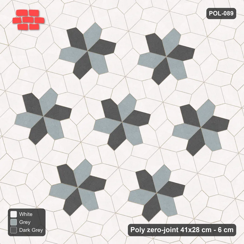 Interlock (Pasco) 41x28 cm · POL-089 · Random Lay Star Rosettes, Monochrome, 6-petal rosettes on root-3 grid (129 cm), kerb frame · Top view Interlock (Pasco) 41x28 cm · POL-089 · Random Lay Star Rosettes, Monochrome, 6-petal rosettes on root-3 grid (129 cm), kerb frame · Top view
