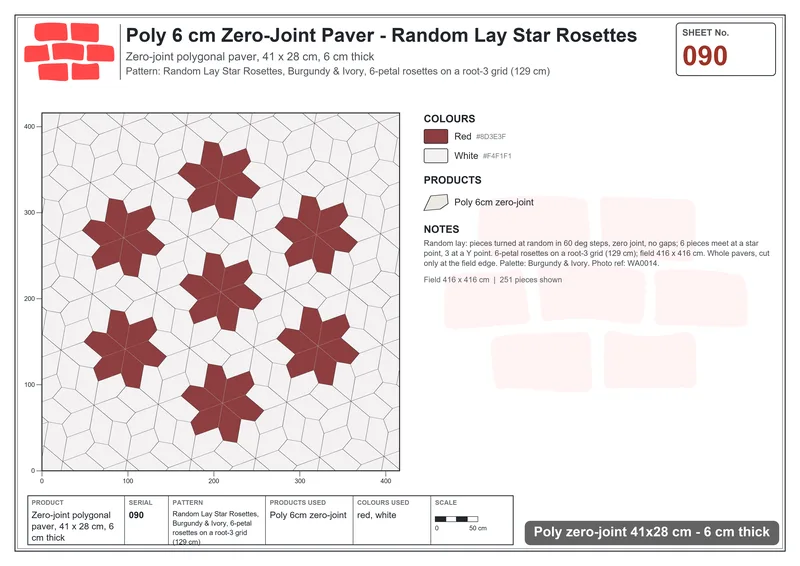 Interlock (Pasco) 41x28 cm · POL-090 · Random Lay Star Rosettes, Burgundy & Ivory, 6-petal rosettes on root-3 grid (129 cm) · Laying plan Interlock (Pasco) 41x28 cm · POL-090 · Random Lay Star Rosettes, Burgundy & Ivory, 6-petal rosettes on root-3 grid (129 cm) · Laying plan