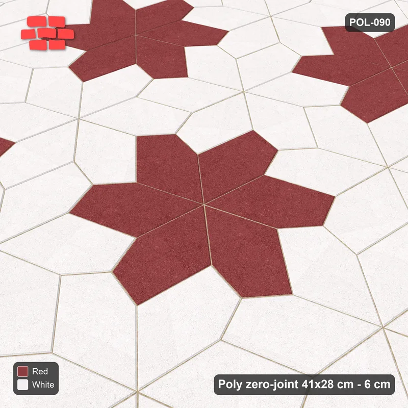Interlock (Pasco) 41x28 cm · POL-090 · Random Lay Star Rosettes, Burgundy & Ivory, 6-petal rosettes on root-3 grid (129 cm) · Side view Interlock (Pasco) 41x28 cm · POL-090 · Random Lay Star Rosettes, Burgundy & Ivory, 6-petal rosettes on root-3 grid (129 cm) · Side view