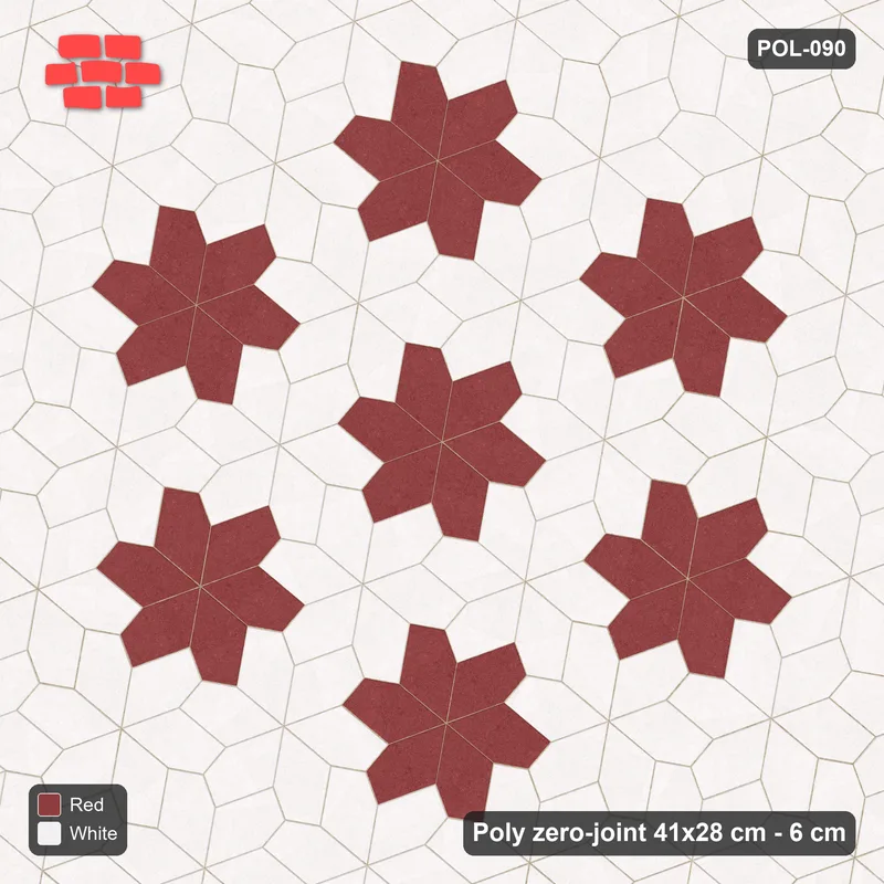 Interlock (Pasco) 41x28 cm · POL-090 · Random Lay Star Rosettes, Burgundy & Ivory, 6-petal rosettes on root-3 grid (129 cm) · Top view Interlock (Pasco) 41x28 cm · POL-090 · Random Lay Star Rosettes, Burgundy & Ivory, 6-petal rosettes on root-3 grid (129 cm) · Top view