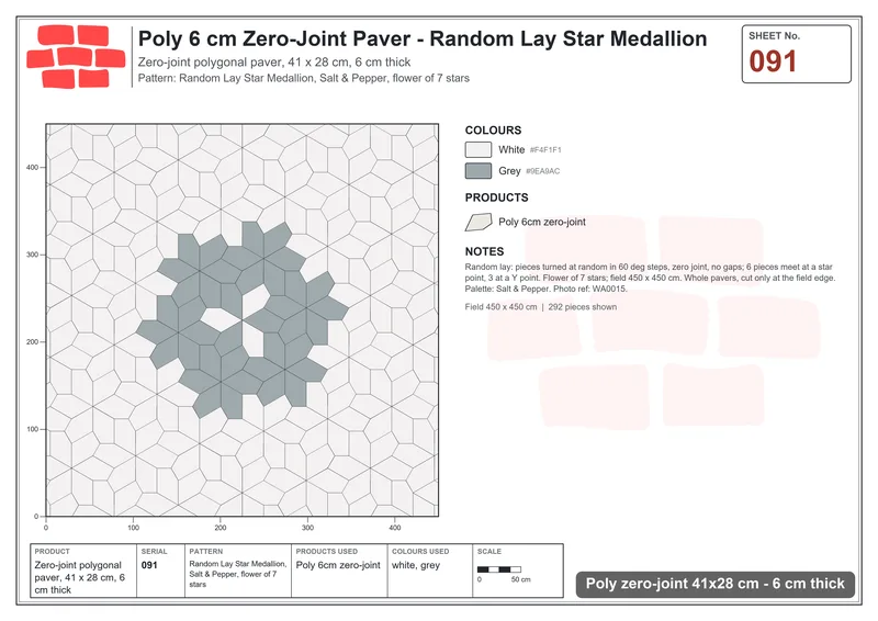 Interlock (Pasco) 41x28 cm · POL-091 · Random Lay Star Medallion, Salt & Pepper, flower of 7 stars · Laying plan Interlock (Pasco) 41x28 cm · POL-091 · Random Lay Star Medallion, Salt & Pepper, flower of 7 stars · Laying plan