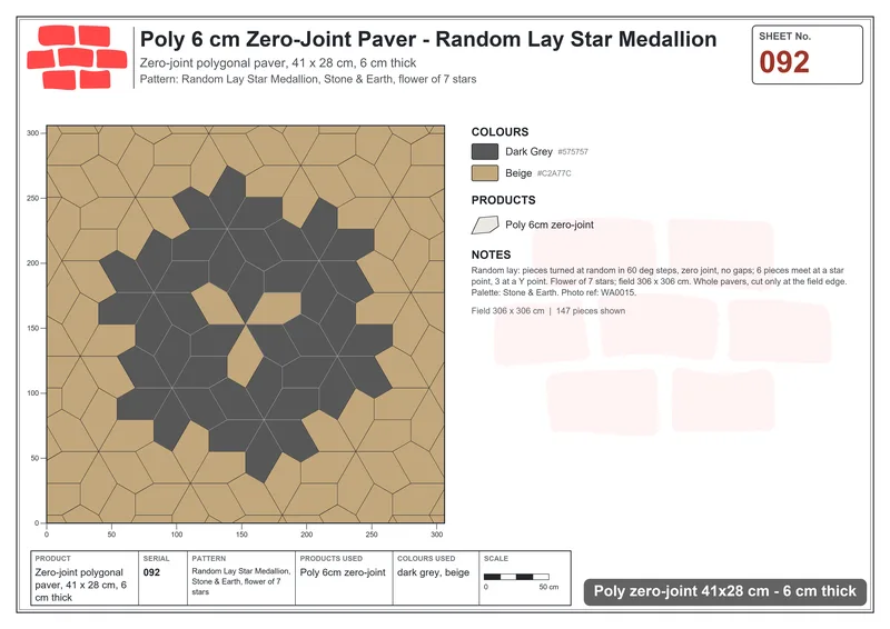 Interlock (Pasco) 41x28 cm · POL-092 · Random Lay Star Medallion, Stone & Earth, flower of 7 stars · Laying plan Interlock (Pasco) 41x28 cm · POL-092 · Random Lay Star Medallion, Stone & Earth, flower of 7 stars · Laying plan