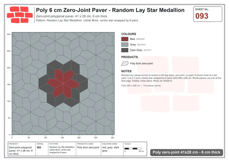 Interlock (Pasco) 41x28 cm · POL-093 · Random Lay Star Medallion, Urban Brick, centre star wrapped by 6 pairs · Laying plan Interlock (Pasco) 41x28 cm · POL-093 · Random Lay Star Medallion, Urban Brick, centre star wrapped by 6 pairs · Laying plan