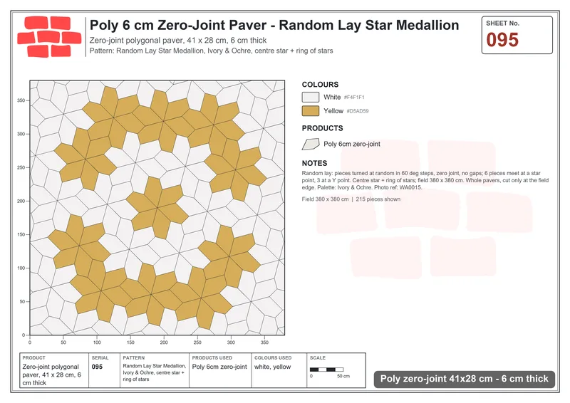 Interlock (Pasco) 41x28 cm · POL-095 · Random Lay Star Medallion, Ivory & Ochre, centre star + ring of stars · Laying plan Interlock (Pasco) 41x28 cm · POL-095 · Random Lay Star Medallion, Ivory & Ochre, centre star + ring of stars · Laying plan