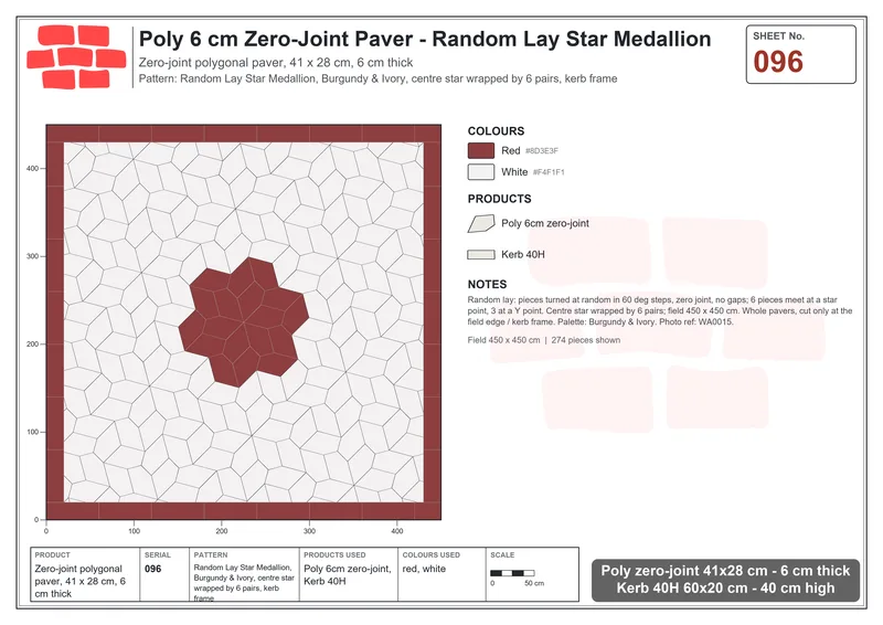 Interlock (Pasco) 41x28 cm · POL-096 · Random Lay Star Medallion, Burgundy & Ivory, centre star wrapped by 6 pairs, kerb frame · Laying plan Interlock (Pasco) 41x28 cm · POL-096 · Random Lay Star Medallion, Burgundy & Ivory, centre star wrapped by 6 pairs, kerb frame · Laying plan