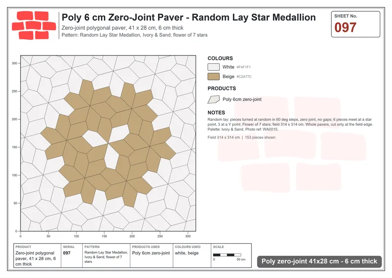 Interlock (Pasco) 41x28 cm · POL-097 · Random Lay Star Medallion, Ivory & Sand, flower of 7 stars · Laying plan Interlock (Pasco) 41x28 cm · POL-097 · Random Lay Star Medallion, Ivory & Sand, flower of 7 stars · Laying plan