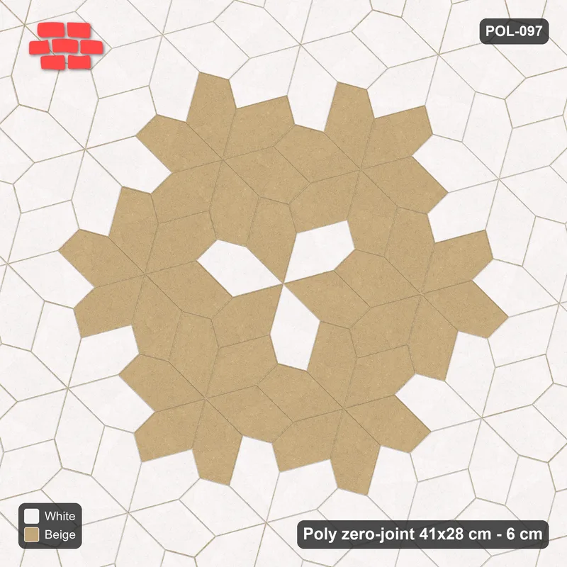 Interlock (Pasco) 41x28 cm · POL-097 · Random Lay Star Medallion, Ivory & Sand, flower of 7 stars · Top view Interlock (Pasco) 41x28 cm · POL-097 · Random Lay Star Medallion, Ivory & Sand, flower of 7 stars · Top view
