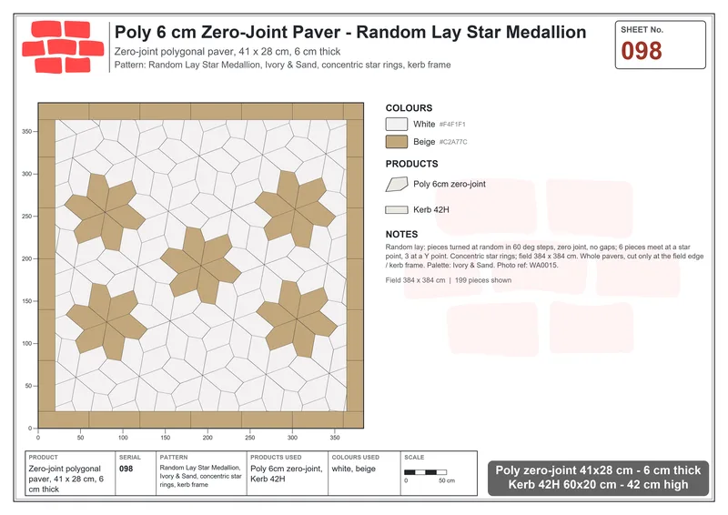 Interlock (Pasco) 41x28 cm · POL-098 · Random Lay Star Medallion, Ivory & Sand, concentric star rings, kerb frame · Laying plan Interlock (Pasco) 41x28 cm · POL-098 · Random Lay Star Medallion, Ivory & Sand, concentric star rings, kerb frame · Laying plan