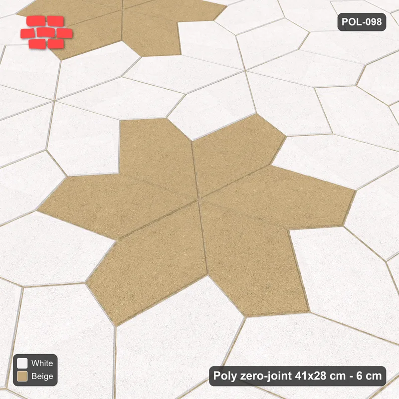 Interlock (Pasco) 41x28 cm · POL-098 · Random Lay Star Medallion, Ivory & Sand, concentric star rings, kerb frame · Side view Interlock (Pasco) 41x28 cm · POL-098 · Random Lay Star Medallion, Ivory & Sand, concentric star rings, kerb frame · Side view