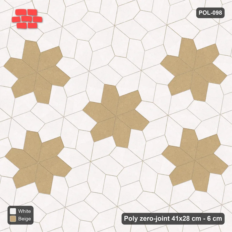 Interlock (Pasco) 41x28 cm · POL-098 · Random Lay Star Medallion, Ivory & Sand, concentric star rings, kerb frame · Top view Interlock (Pasco) 41x28 cm · POL-098 · Random Lay Star Medallion, Ivory & Sand, concentric star rings, kerb frame · Top view
