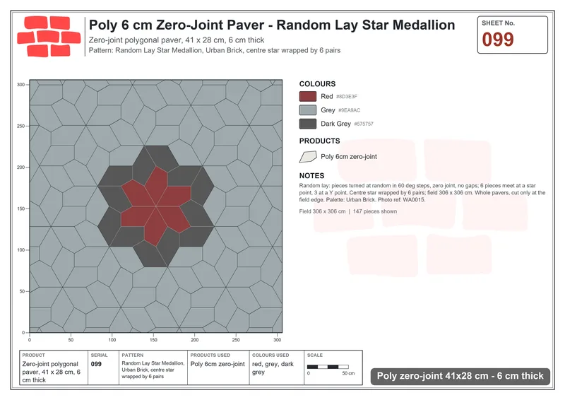 Interlock (Pasco) 41x28 cm · POL-099 · Random Lay Star Medallion, Urban Brick, centre star wrapped by 6 pairs · Laying plan Interlock (Pasco) 41x28 cm · POL-099 · Random Lay Star Medallion, Urban Brick, centre star wrapped by 6 pairs · Laying plan