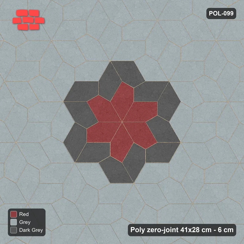Interlock (Pasco) 41x28 cm · POL-099 · Random Lay Star Medallion, Urban Brick, centre star wrapped by 6 pairs · Top view Interlock (Pasco) 41x28 cm · POL-099 · Random Lay Star Medallion, Urban Brick, centre star wrapped by 6 pairs · Top view