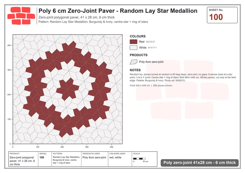 Interlock (Pasco) 41x28 cm · POL-100 · Random Lay Star Medallion, Burgundy & Ivory, centre star + ring of stars · Laying plan Interlock (Pasco) 41x28 cm · POL-100 · Random Lay Star Medallion, Burgundy & Ivory, centre star + ring of stars · Laying plan