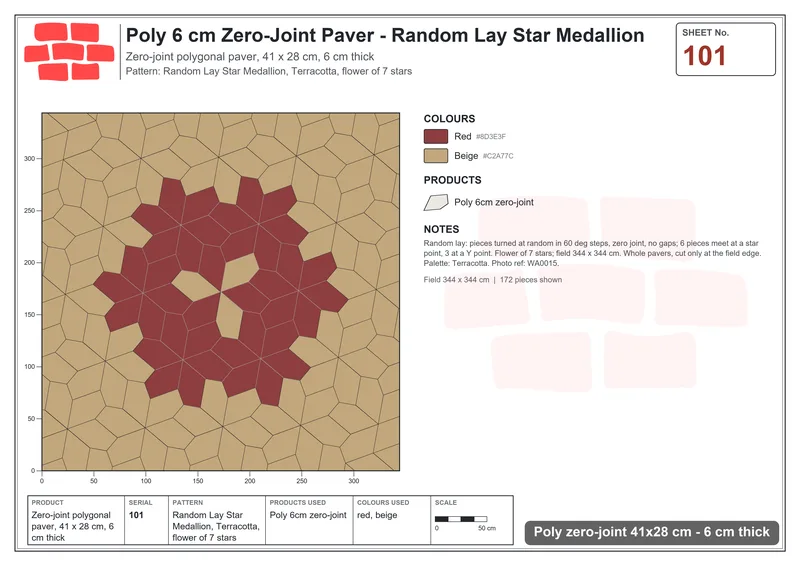 Interlock (Pasco) 41x28 cm · POL-101 · Random Lay Star Medallion, Terracotta, flower of 7 stars · Laying plan Interlock (Pasco) 41x28 cm · POL-101 · Random Lay Star Medallion, Terracotta, flower of 7 stars · Laying plan
