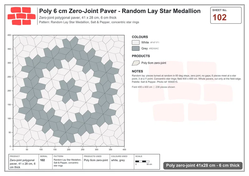 Interlock (Pasco) 41x28 cm · POL-102 · Random Lay Star Medallion, Salt & Pepper, concentric star rings · Laying plan Interlock (Pasco) 41x28 cm · POL-102 · Random Lay Star Medallion, Salt & Pepper, concentric star rings · Laying plan