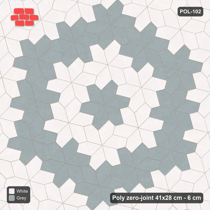 Interlock (Pasco) 41x28 cm · POL-102 · Random Lay Star Medallion, Salt & Pepper, concentric star rings · Top view Interlock (Pasco) 41x28 cm · POL-102 · Random Lay Star Medallion, Salt & Pepper, concentric star rings · Top view
