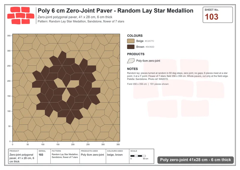 Interlock (Pasco) 41x28 cm · POL-103 · Random Lay Star Medallion, Sandstone, flower of 7 stars · Laying plan Interlock (Pasco) 41x28 cm · POL-103 · Random Lay Star Medallion, Sandstone, flower of 7 stars · Laying plan