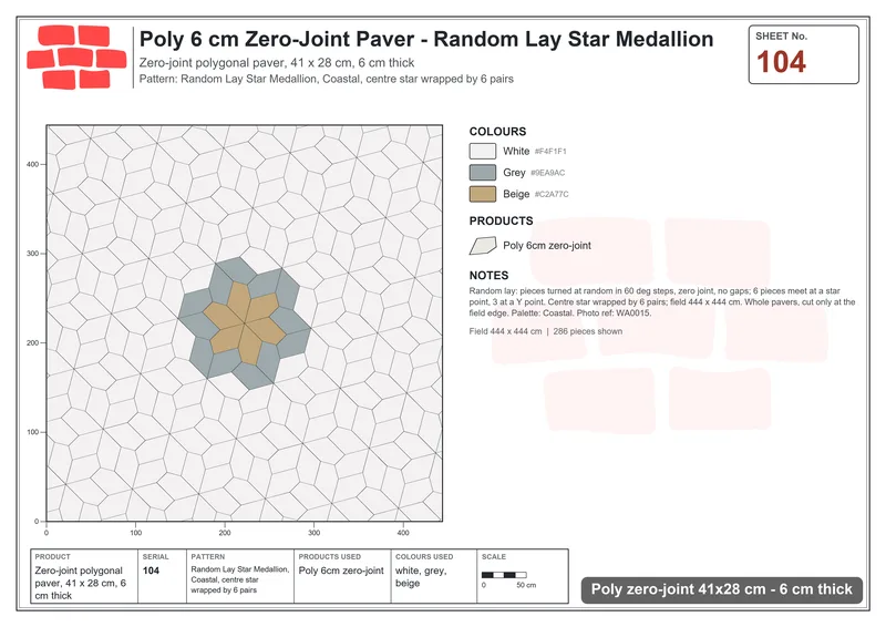 Interlock (Pasco) 41x28 cm · POL-104 · Random Lay Star Medallion, Coastal, centre star wrapped by 6 pairs · Laying plan Interlock (Pasco) 41x28 cm · POL-104 · Random Lay Star Medallion, Coastal, centre star wrapped by 6 pairs · Laying plan