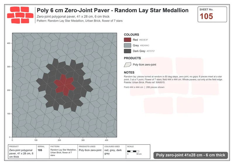 Interlock (Pasco) 41x28 cm · POL-105 · Random Lay Star Medallion, Urban Brick, flower of 7 stars · Laying plan Interlock (Pasco) 41x28 cm · POL-105 · Random Lay Star Medallion, Urban Brick, flower of 7 stars · Laying plan