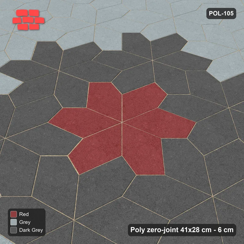 Interlock (Pasco) 41x28 cm · POL-105 · Random Lay Star Medallion, Urban Brick, flower of 7 stars · Side view Interlock (Pasco) 41x28 cm · POL-105 · Random Lay Star Medallion, Urban Brick, flower of 7 stars · Side view