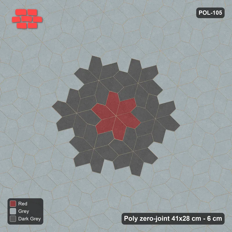 Interlock (Pasco) 41x28 cm · POL-105 · Random Lay Star Medallion, Urban Brick, flower of 7 stars · Top view Interlock (Pasco) 41x28 cm · POL-105 · Random Lay Star Medallion, Urban Brick, flower of 7 stars · Top view