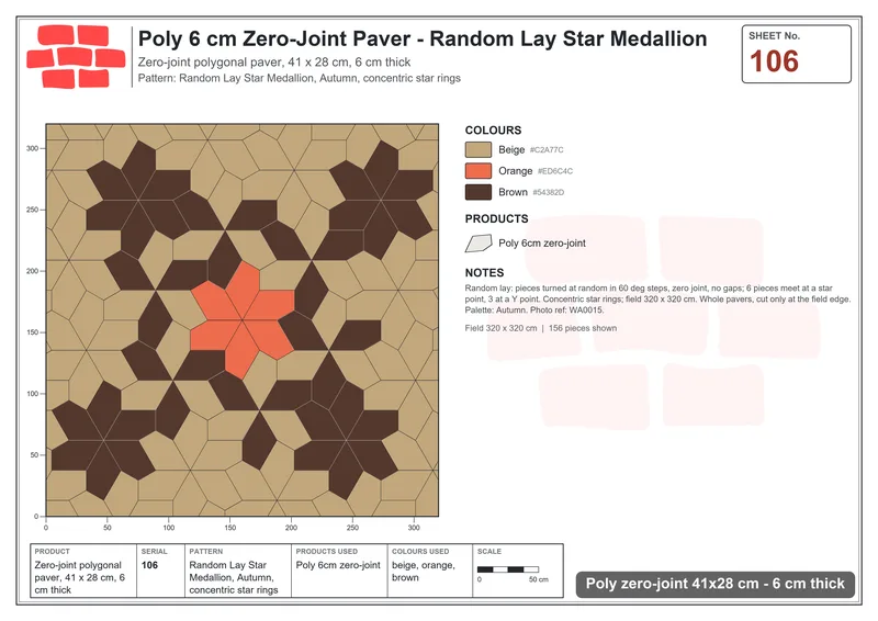 Interlock (Pasco) 41x28 cm · POL-106 · Random Lay Star Medallion, Autumn, concentric star rings · Laying plan Interlock (Pasco) 41x28 cm · POL-106 · Random Lay Star Medallion, Autumn, concentric star rings · Laying plan