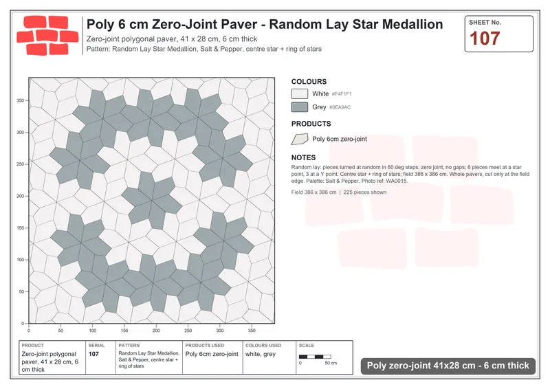 Interlock (Pasco) 41x28 cm · POL-107 · Random Lay Star Medallion, Salt & Pepper, centre star + ring of stars · Laying plan Interlock (Pasco) 41x28 cm · POL-107 · Random Lay Star Medallion, Salt & Pepper, centre star + ring of stars · Laying plan