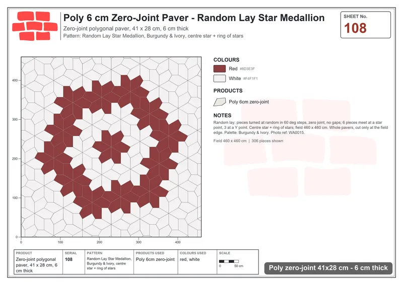 Interlock (Pasco) 41x28 cm · POL-108 · Random Lay Star Medallion, Burgundy & Ivory, centre star + ring of stars · Laying plan Interlock (Pasco) 41x28 cm · POL-108 · Random Lay Star Medallion, Burgundy & Ivory, centre star + ring of stars · Laying plan