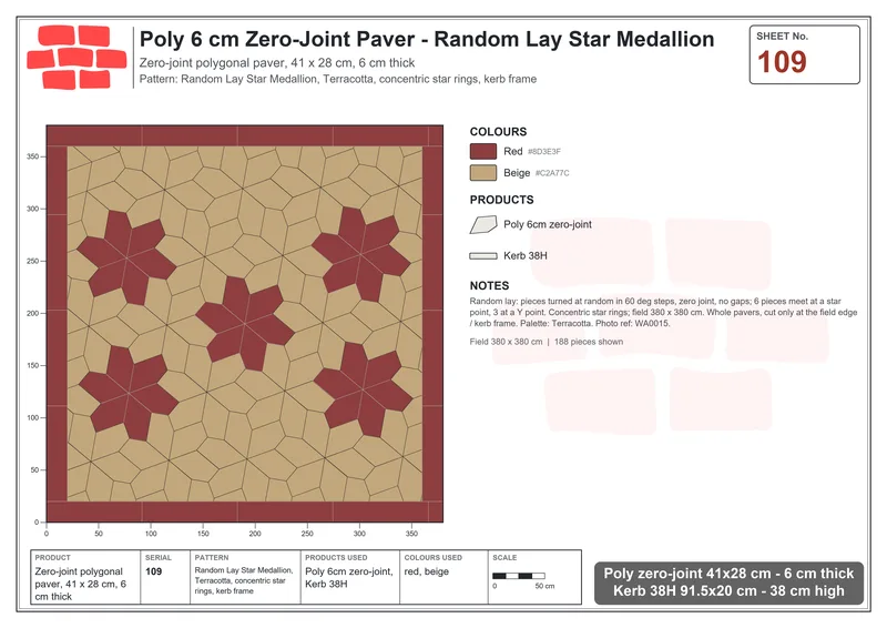 Interlock (Pasco) 41x28 cm · POL-109 · Random Lay Star Medallion, Terracotta, concentric star rings, kerb frame · Laying plan Interlock (Pasco) 41x28 cm · POL-109 · Random Lay Star Medallion, Terracotta, concentric star rings, kerb frame · Laying plan