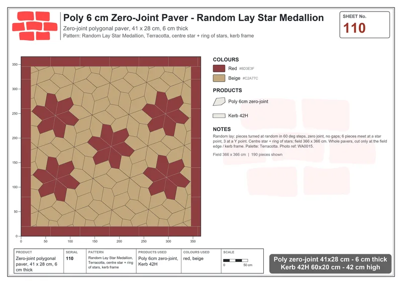 Interlock (Pasco) 41x28 cm · POL-110 · Random Lay Star Medallion, Terracotta, centre star + ring of stars, kerb frame · Laying plan Interlock (Pasco) 41x28 cm · POL-110 · Random Lay Star Medallion, Terracotta, centre star + ring of stars, kerb frame · Laying plan