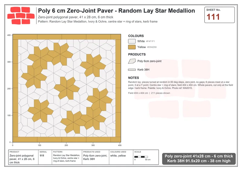 Interlock (Pasco) 41x28 cm · POL-111 · Random Lay Star Medallion, Ivory & Ochre, centre star + ring of stars, kerb frame · Laying plan Interlock (Pasco) 41x28 cm · POL-111 · Random Lay Star Medallion, Ivory & Ochre, centre star + ring of stars, kerb frame · Laying plan