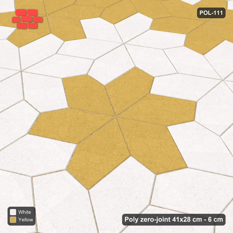 Interlock (Pasco) 41x28 cm · POL-111 · Random Lay Star Medallion, Ivory & Ochre, centre star + ring of stars, kerb frame · Side view Interlock (Pasco) 41x28 cm · POL-111 · Random Lay Star Medallion, Ivory & Ochre, centre star + ring of stars, kerb frame · Side view