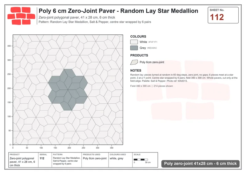 Interlock (Pasco) 41x28 cm · POL-112 · Random Lay Star Medallion, Salt & Pepper, centre star wrapped by 6 pairs · Laying plan Interlock (Pasco) 41x28 cm · POL-112 · Random Lay Star Medallion, Salt & Pepper, centre star wrapped by 6 pairs · Laying plan