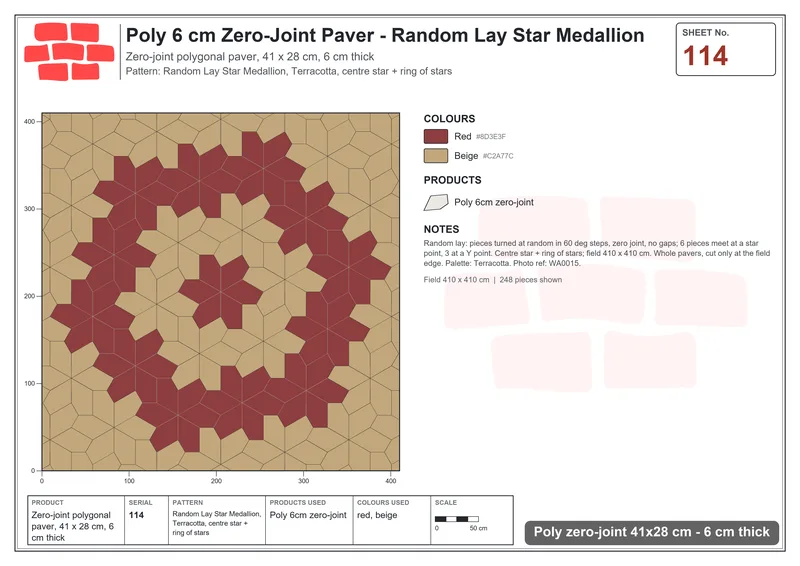Interlock (Pasco) 41x28 cm · POL-114 · Random Lay Star Medallion, Terracotta, centre star + ring of stars · Laying plan Interlock (Pasco) 41x28 cm · POL-114 · Random Lay Star Medallion, Terracotta, centre star + ring of stars · Laying plan