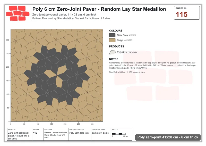 Interlock (Pasco) 41x28 cm · POL-115 · Random Lay Star Medallion, Stone & Earth, flower of 7 stars · Laying plan Interlock (Pasco) 41x28 cm · POL-115 · Random Lay Star Medallion, Stone & Earth, flower of 7 stars · Laying plan