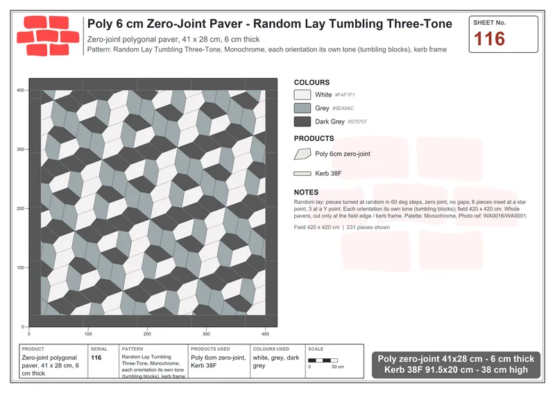 Interlock (Pasco) 41x28 cm · POL-116 · Random Lay Tumbling Three-Tone, Monochrome, each orientation its own tone (tumbling blocks), kerb frame · Laying plan Interlock (Pasco) 41x28 cm · POL-116 · Random Lay Tumbling Three-Tone, Monochrome, each orientation its own tone (tumbling blocks), kerb frame · Laying plan