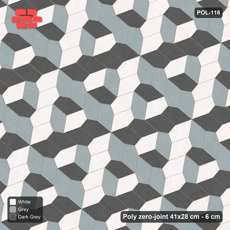 Interlock (Pasco) 41x28 cm · POL-116 · Random Lay Tumbling Three-Tone, Monochrome, each orientation its own tone (tumbling blocks), kerb frame · Top view Interlock (Pasco) 41x28 cm · POL-116 · Random Lay Tumbling Three-Tone, Monochrome, each orientation its own tone (tumbling blocks), kerb frame · Top view
