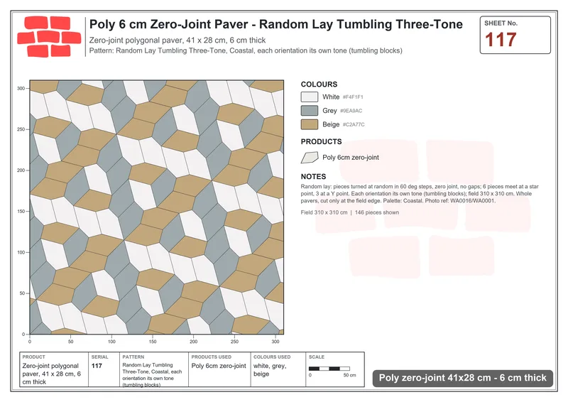 Interlock (Pasco) 41x28 cm · POL-117 · Random Lay Tumbling Three-Tone, Coastal, each orientation its own tone (tumbling blocks) · Laying plan Interlock (Pasco) 41x28 cm · POL-117 · Random Lay Tumbling Three-Tone, Coastal, each orientation its own tone (tumbling blocks) · Laying plan