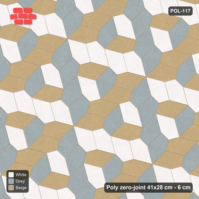 Interlock (Pasco) 41x28 cm · POL-117 · Random Lay Tumbling Three-Tone, Coastal, each orientation its own tone (tumbling blocks) · Top view Interlock (Pasco) 41x28 cm · POL-117 · Random Lay Tumbling Three-Tone, Coastal, each orientation its own tone (tumbling blocks) · Top view