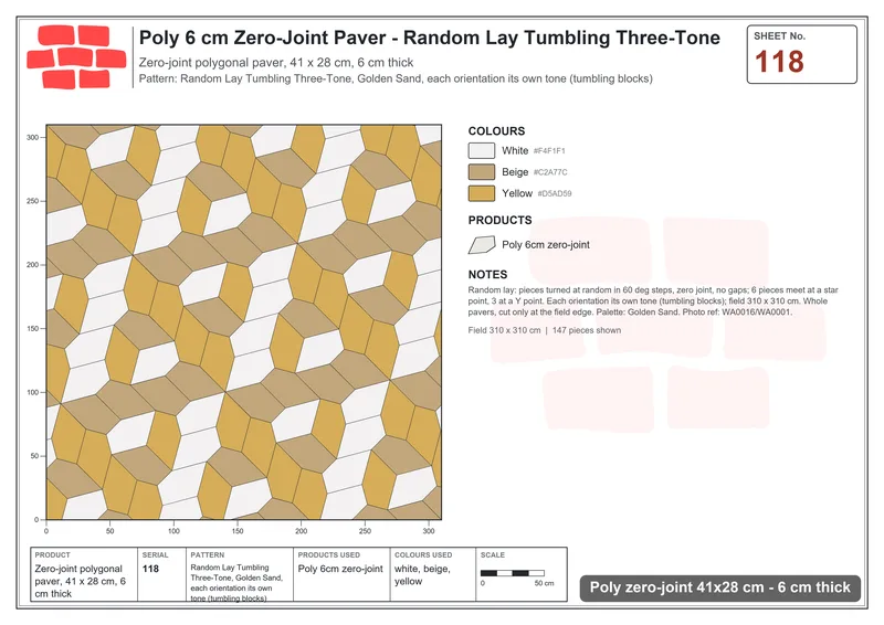 Interlock (Pasco) 41x28 cm · POL-118 · Random Lay Tumbling Three-Tone, Golden Sand, each orientation its own tone (tumbling blocks) · Laying plan Interlock (Pasco) 41x28 cm · POL-118 · Random Lay Tumbling Three-Tone, Golden Sand, each orientation its own tone (tumbling blocks) · Laying plan
