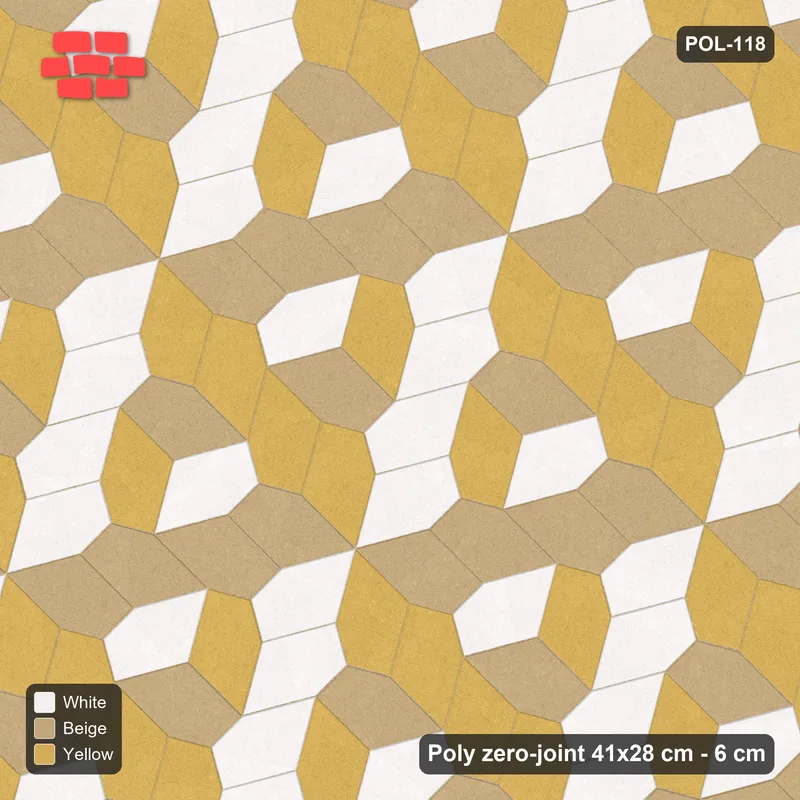 Interlock (Pasco) 41x28 cm · POL-118 · Random Lay Tumbling Three-Tone, Golden Sand, each orientation its own tone (tumbling blocks) · Top view Interlock (Pasco) 41x28 cm · POL-118 · Random Lay Tumbling Three-Tone, Golden Sand, each orientation its own tone (tumbling blocks) · Top view