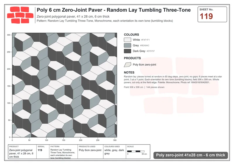 Interlock (Pasco) 41x28 cm · POL-119 · Random Lay Tumbling Three-Tone, Monochrome, each orientation its own tone (tumbling blocks) · Laying plan Interlock (Pasco) 41x28 cm · POL-119 · Random Lay Tumbling Three-Tone, Monochrome, each orientation its own tone (tumbling blocks) · Laying plan