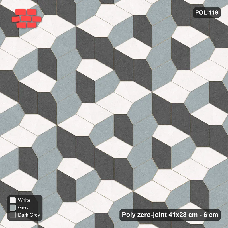 Interlock (Pasco) 41x28 cm · POL-119 · Random Lay Tumbling Three-Tone, Monochrome, each orientation its own tone (tumbling blocks) · Top view Interlock (Pasco) 41x28 cm · POL-119 · Random Lay Tumbling Three-Tone, Monochrome, each orientation its own tone (tumbling blocks) · Top view