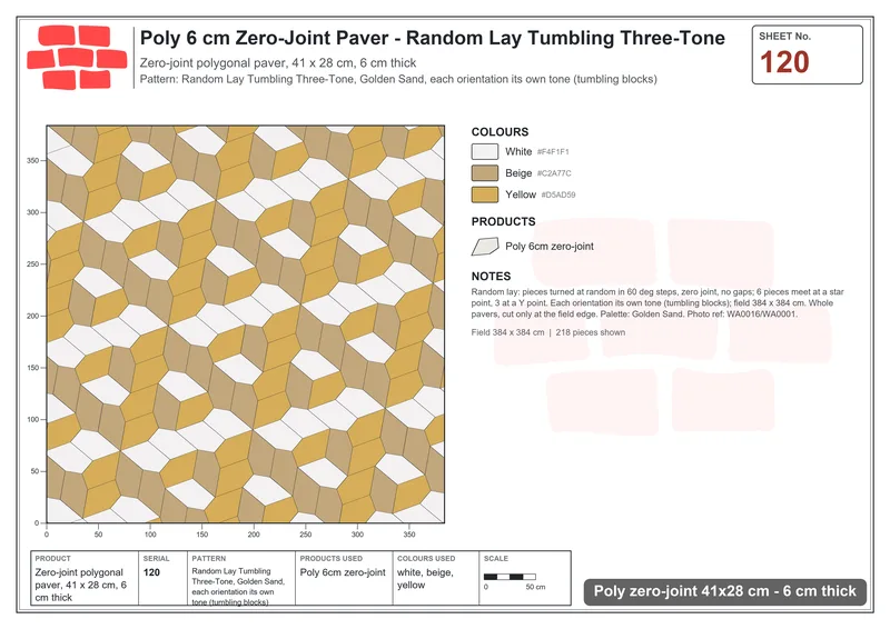 Interlock (Pasco) 41x28 cm · POL-120 · Random Lay Tumbling Three-Tone, Golden Sand, each orientation its own tone (tumbling blocks) · Laying plan Interlock (Pasco) 41x28 cm · POL-120 · Random Lay Tumbling Three-Tone, Golden Sand, each orientation its own tone (tumbling blocks) · Laying plan