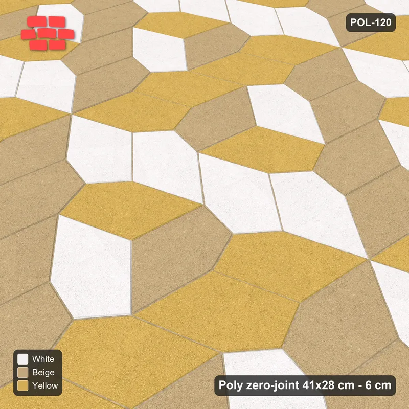 Interlock (Pasco) 41x28 cm · POL-120 · Random Lay Tumbling Three-Tone, Golden Sand, each orientation its own tone (tumbling blocks) · Side view Interlock (Pasco) 41x28 cm · POL-120 · Random Lay Tumbling Three-Tone, Golden Sand, each orientation its own tone (tumbling blocks) · Side view